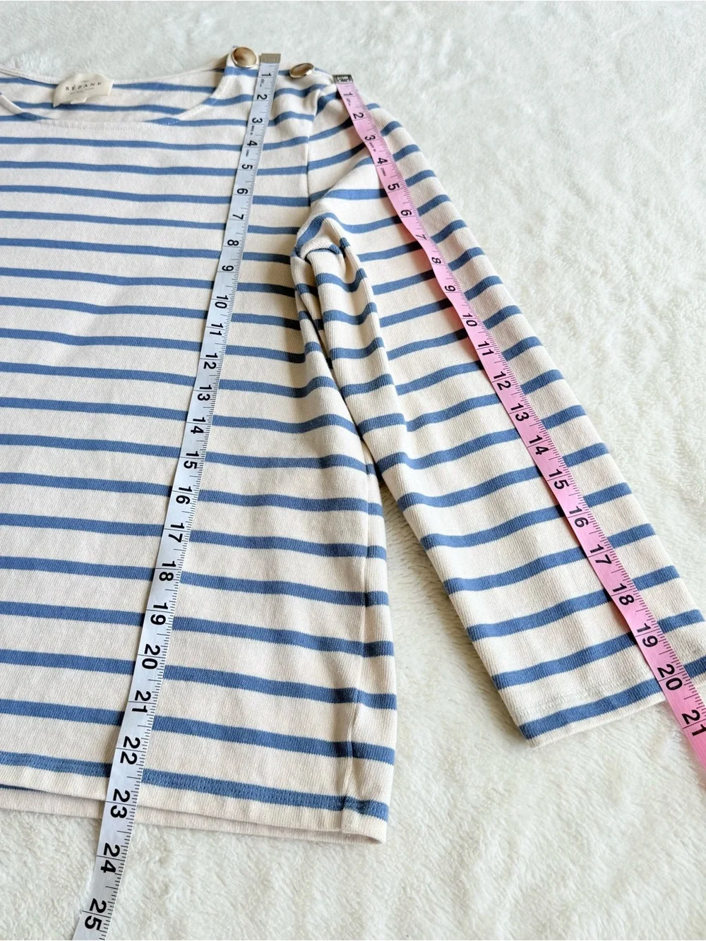 Sezane Colette Cotton Stripes Ivory Blue Crewneck Long Sleeve T-shirt L - Picture 4 of 10